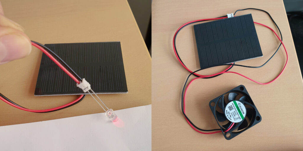 Panneau solaire connecté à une LED. Panneau solaire connecté à un ventilateur.